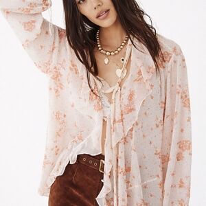 FREE PEOPLE Floral Ruffle Tunic Blouse XS Oversized Button Front Sheer